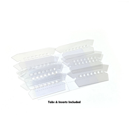 Four clear plastic card sleeves or tabs arranged in a stack on a white background, with the text 'Tabs & Inserts Included' below.