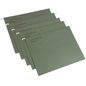 Five olive green hanging file folders with white metal suspension clips, arranged in a staggered fan layout on a white background.
