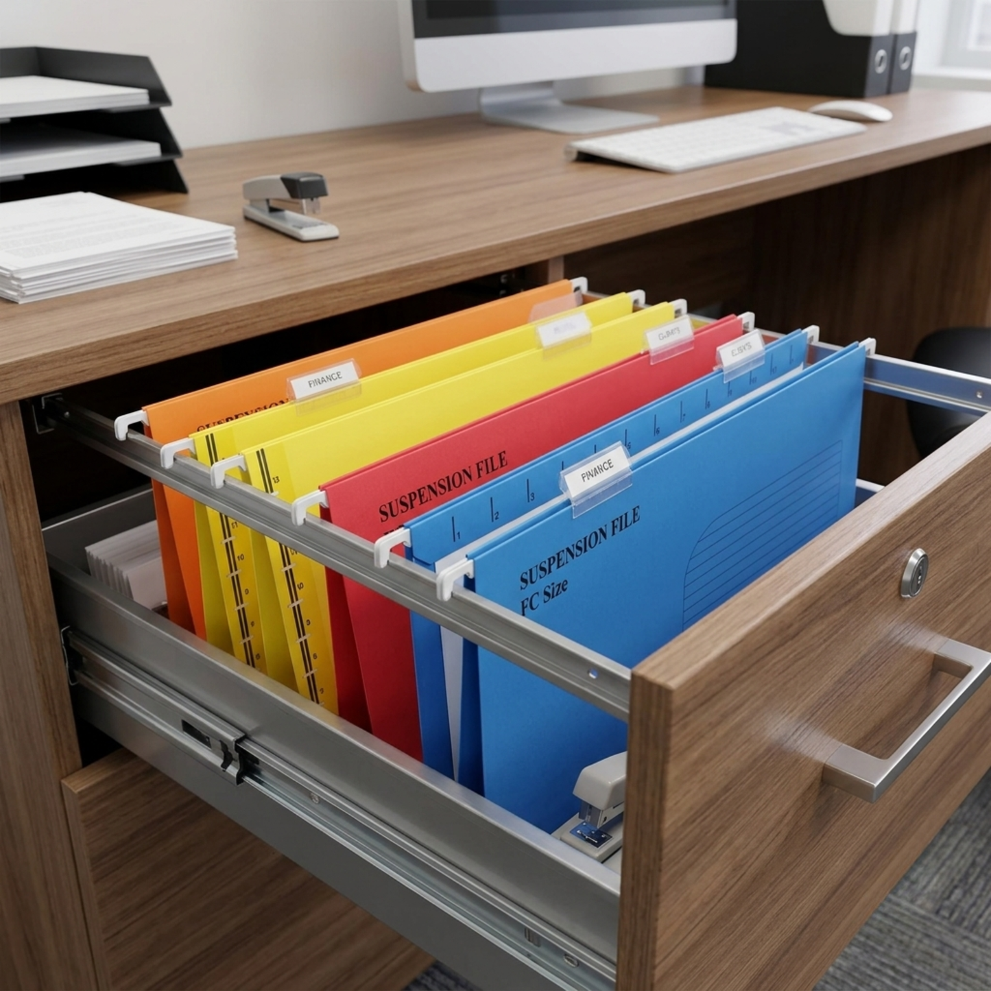 Foolscap Suspension Files with Tabs, 40cm Runners, Assorted Colours