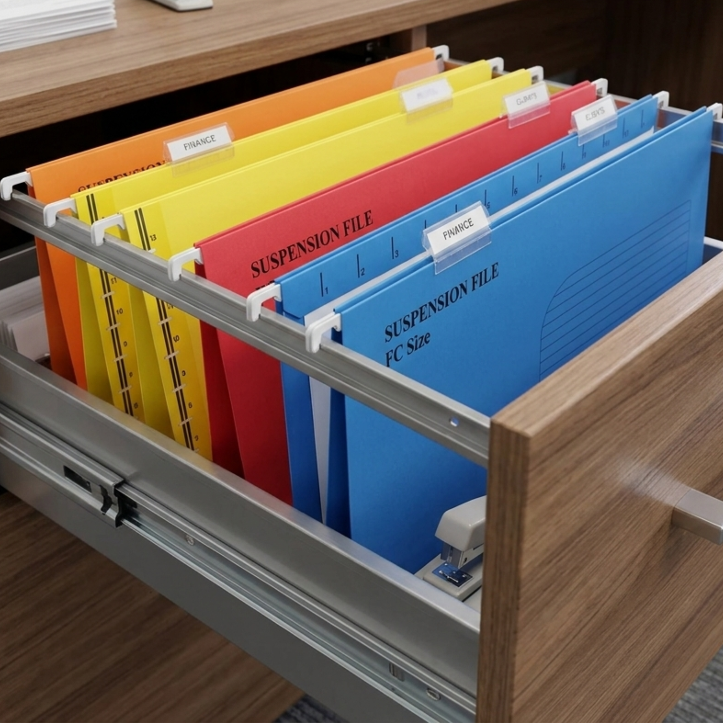 Foolscap Suspension Files with Tabs, 40cm Runners, Assorted Colours
