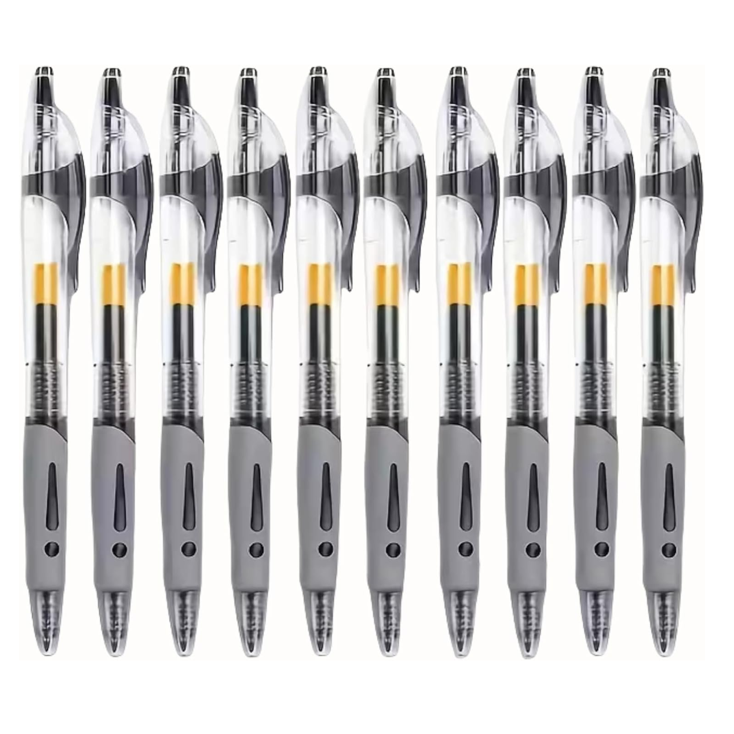 Row of grey pens with clear accents on a white background