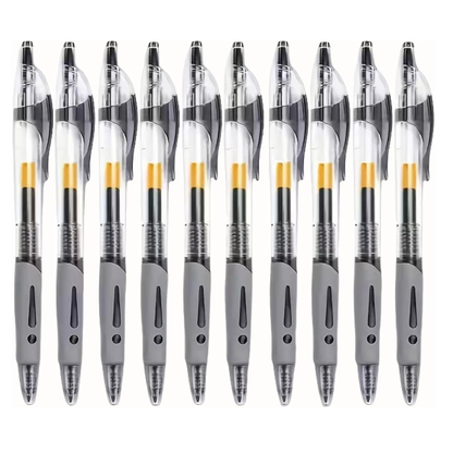 Row of grey pens with clear accents on a white background