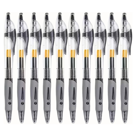 Row of grey pens with clear accents on a white background