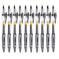 Row of grey pens with clear accents on a white background