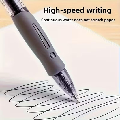 Gray pen writing on paper with text 'High-speed writing Continuous water does not scratch paper' above.