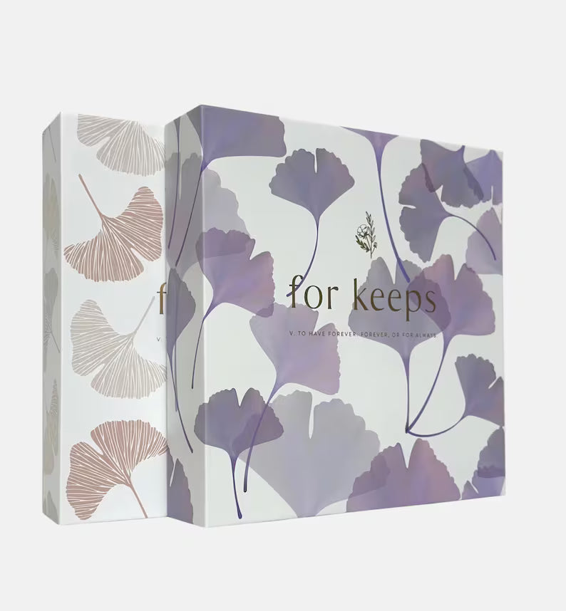 Floral-patterned COVER  photo album with 'for keeps' written in gold foil , hardcover photobook