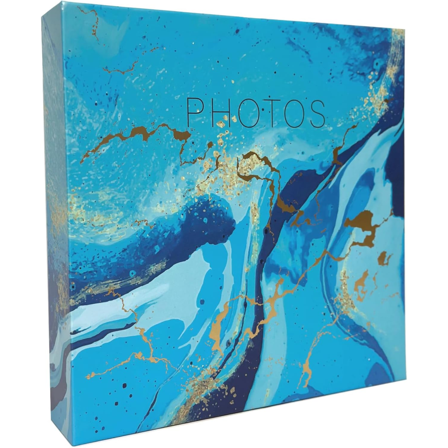 Blue and gold marbled photo album with 'PHOTOS' text on a white background