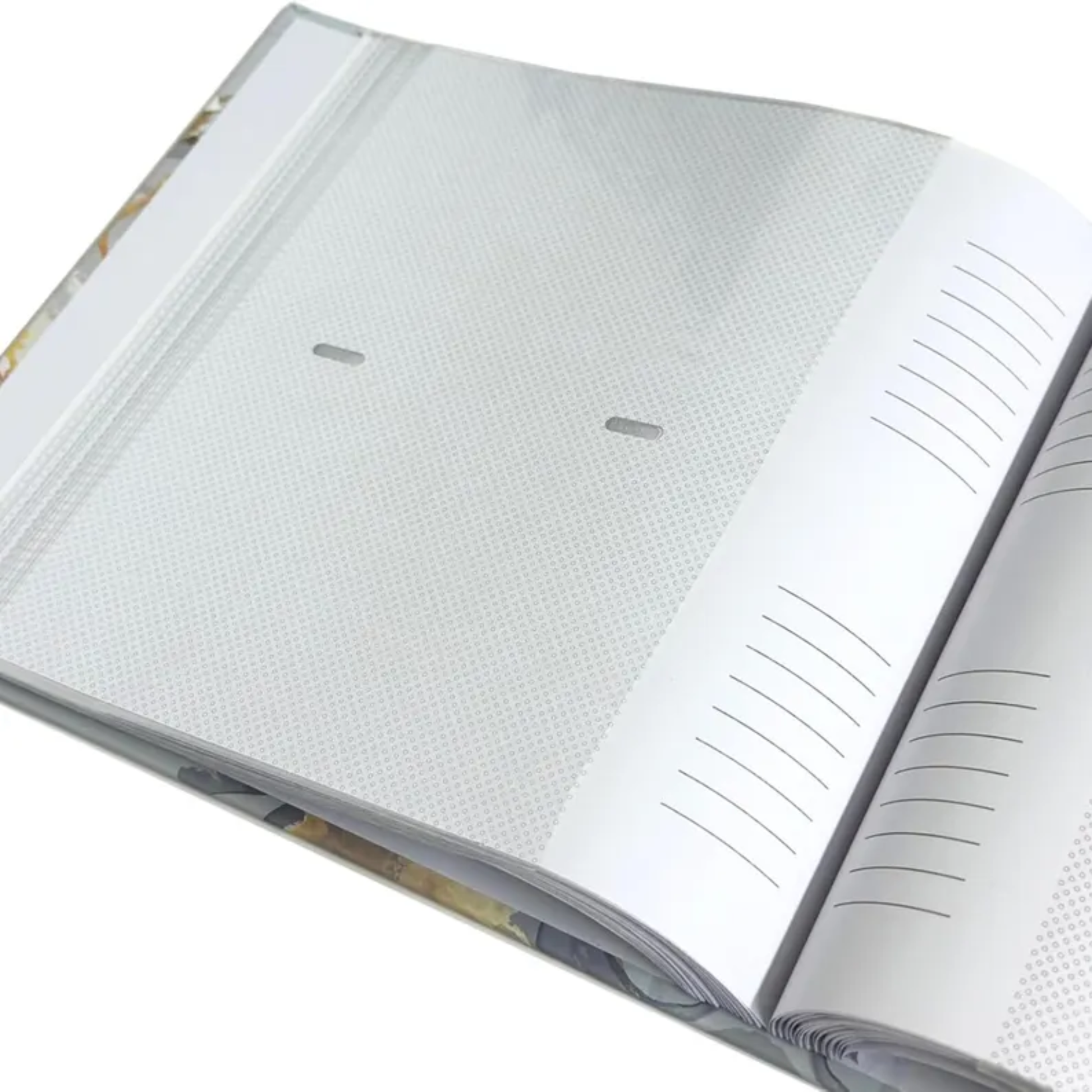 Open PHOTO ALBUM with lined pages on a white background