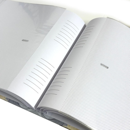 Open photobook with white pages memo area to write your photo memory