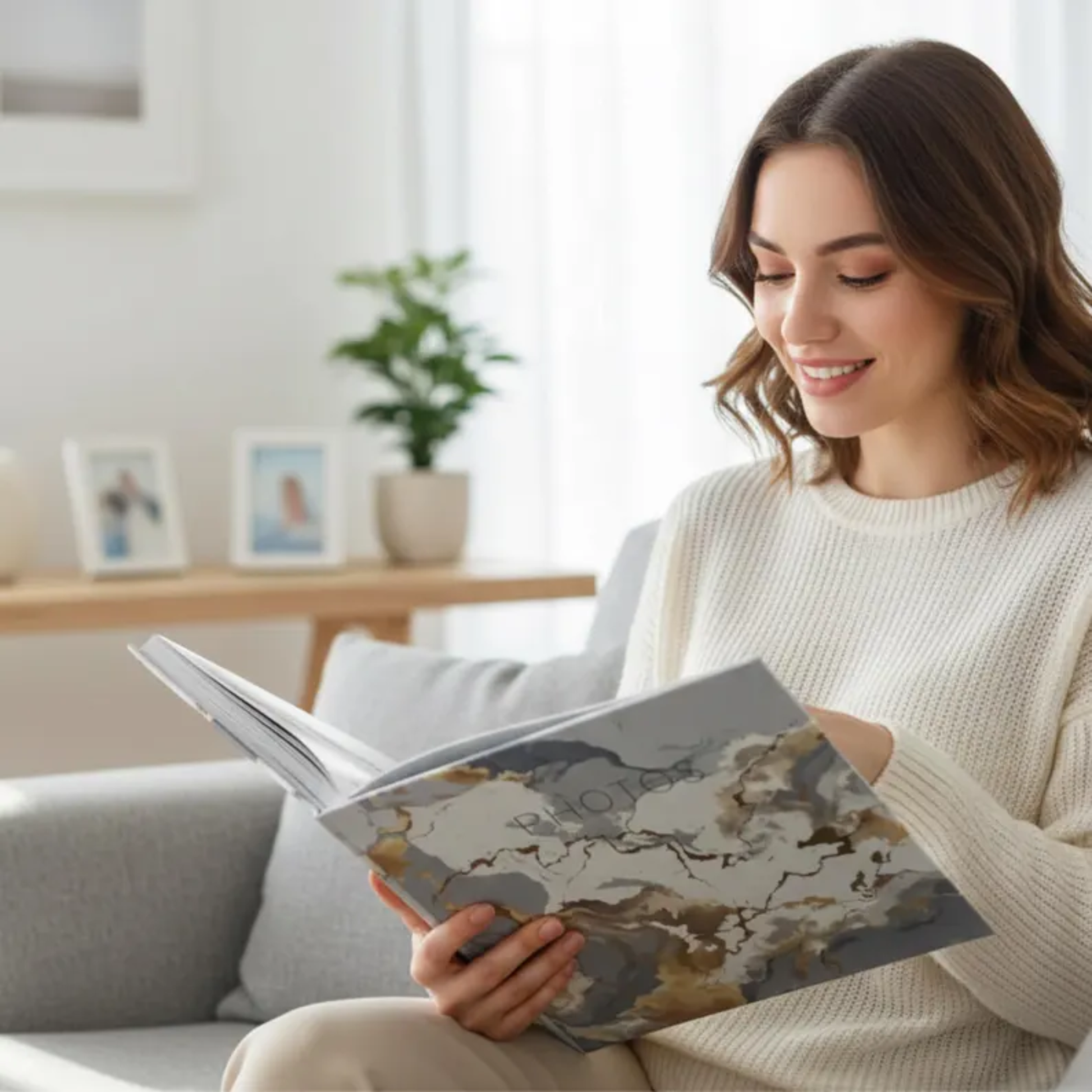 Woman looking at photo album in a cosy living room