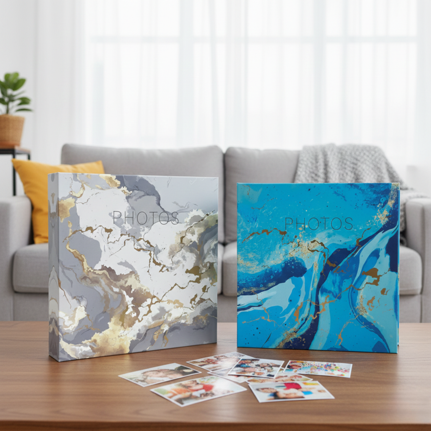 Two photo albums with marble design on a table in a living room setting.