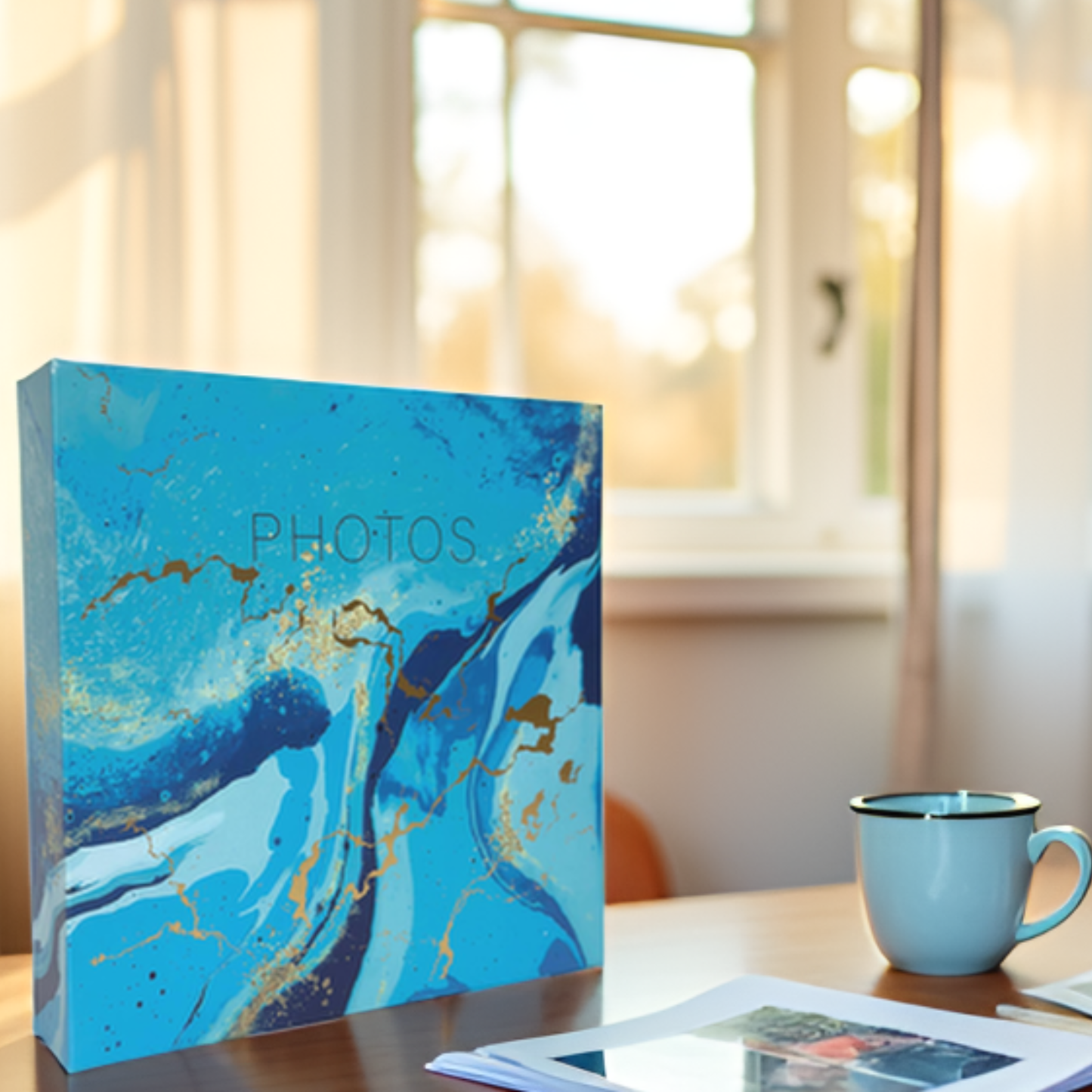 Blue marbled photo album on a table with a cup in the background