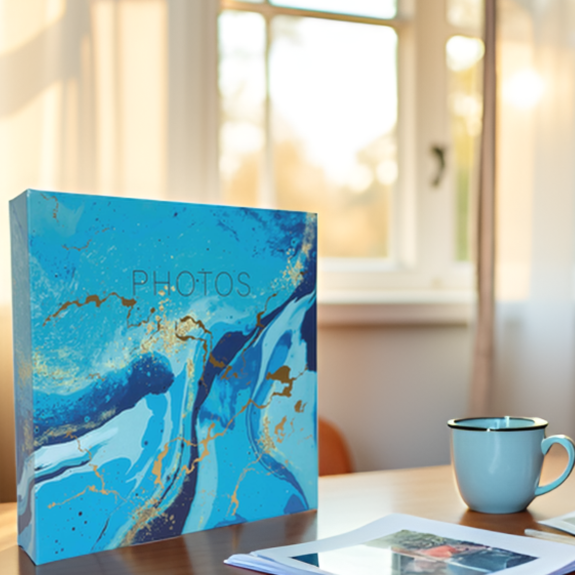 Blue marbled photo album on a table with a cup in the background