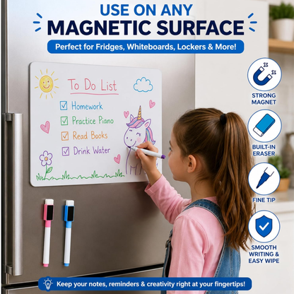 Child writing on a magnetic whiteboard attached to a refrigerator with text and icons highlighting features.