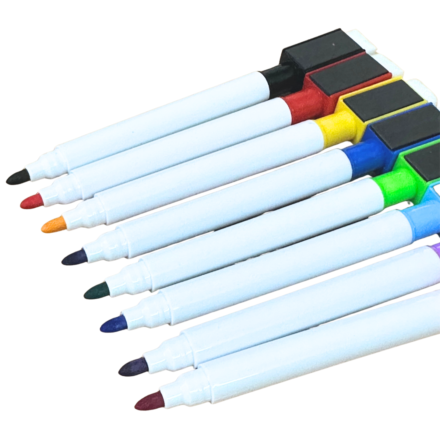 Set of white markers with colored caps on a white background