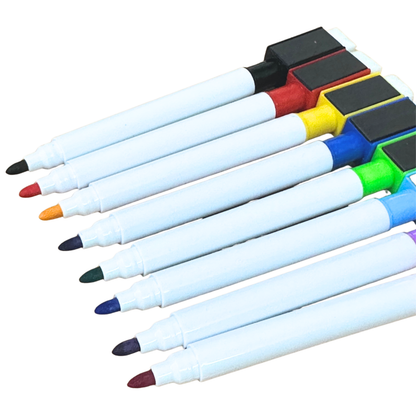 Set of white markers with colored caps on a white background