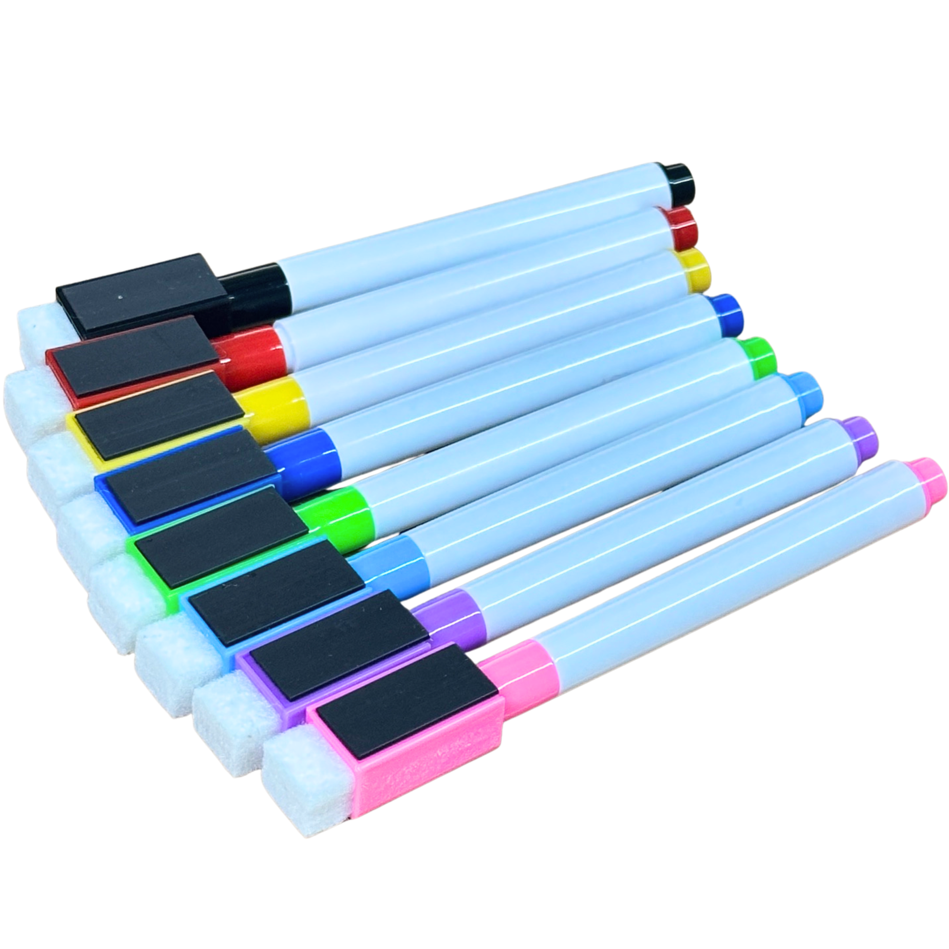 Set of colorful markers with black caps on a white background