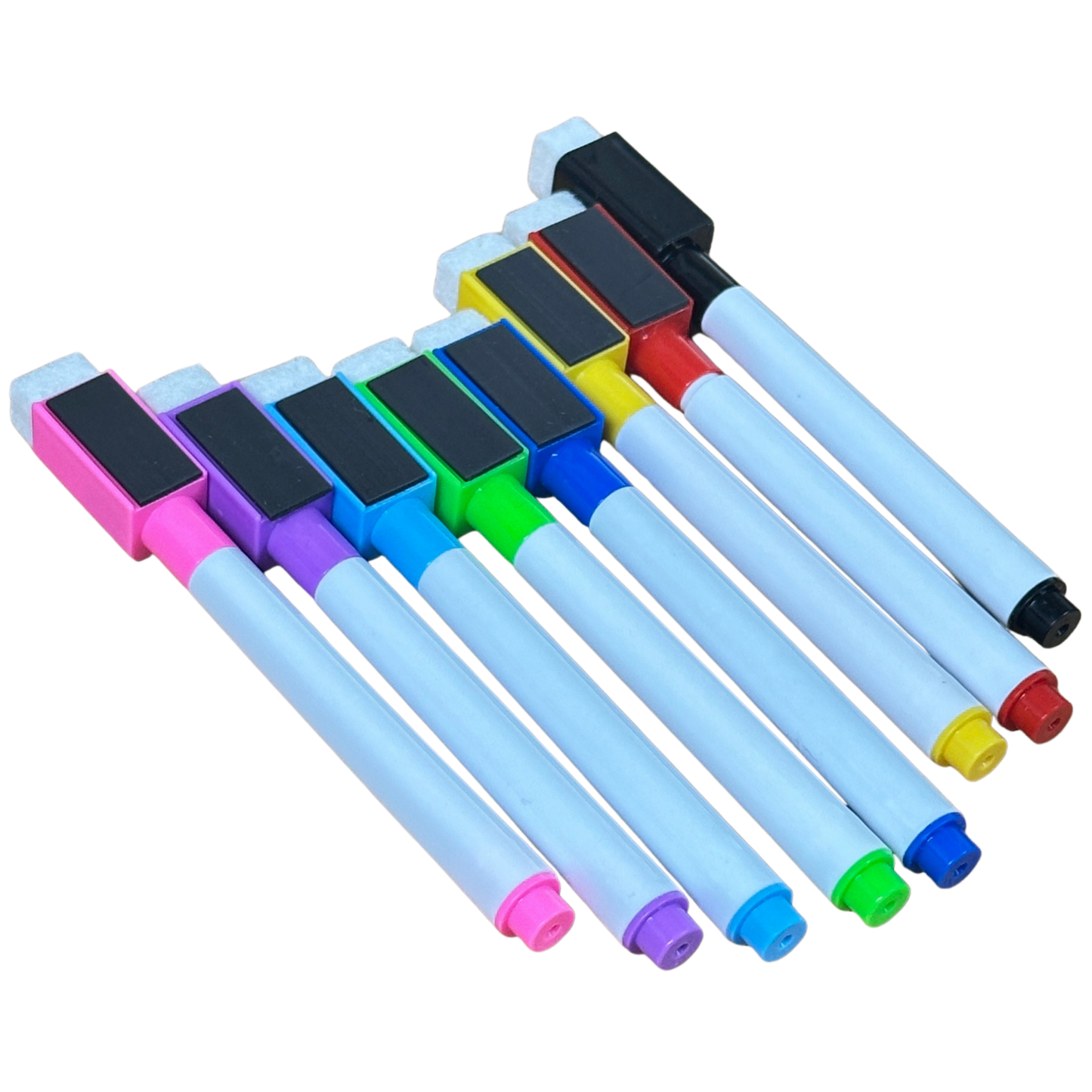 Set of colourful DRYWIPE marker pens with magnetic lids and erasers on a white background