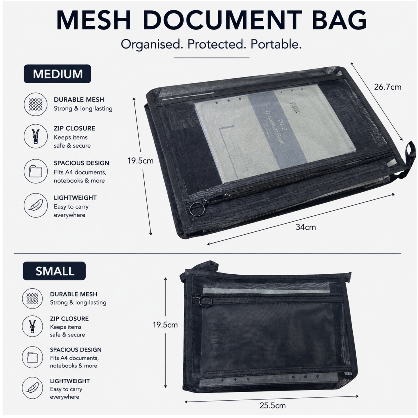 A4 Mesh Document Bag with Zip – Large Tote, Medium & Small Pouch
