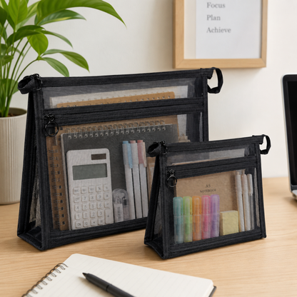 A4 Mesh Document Bag with Zip – Large Tote, Medium & Small Pouch