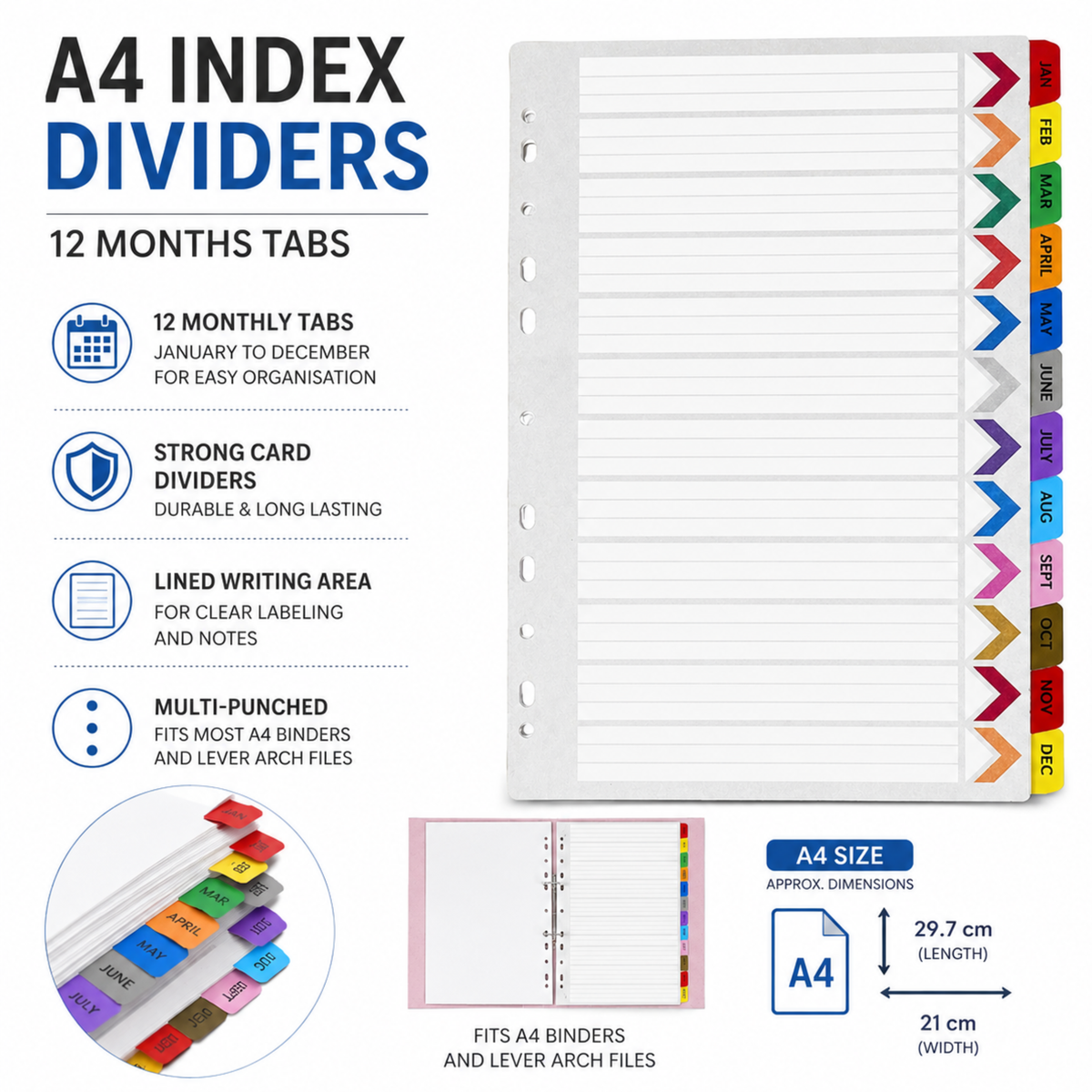 A4 Monthly Index Dividers | 12 Month Tabs | Fits A4 Binders & Lever Arch Files
