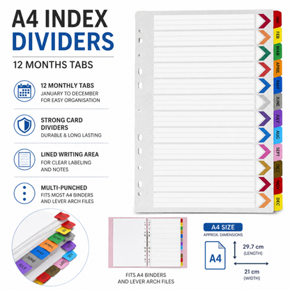 A4 Monthly Index Dividers | 12 Month Tabs | Fits A4 Binders & Lever Arch Files