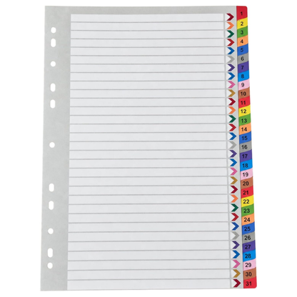 A4 index dividers with  1- 31 numbered tabs ring binder lever arch file subject dividers