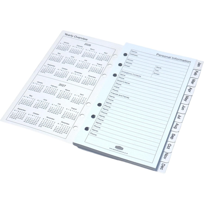 Genxon refill planner pages showing a yearly overview and personal information section on a white background.