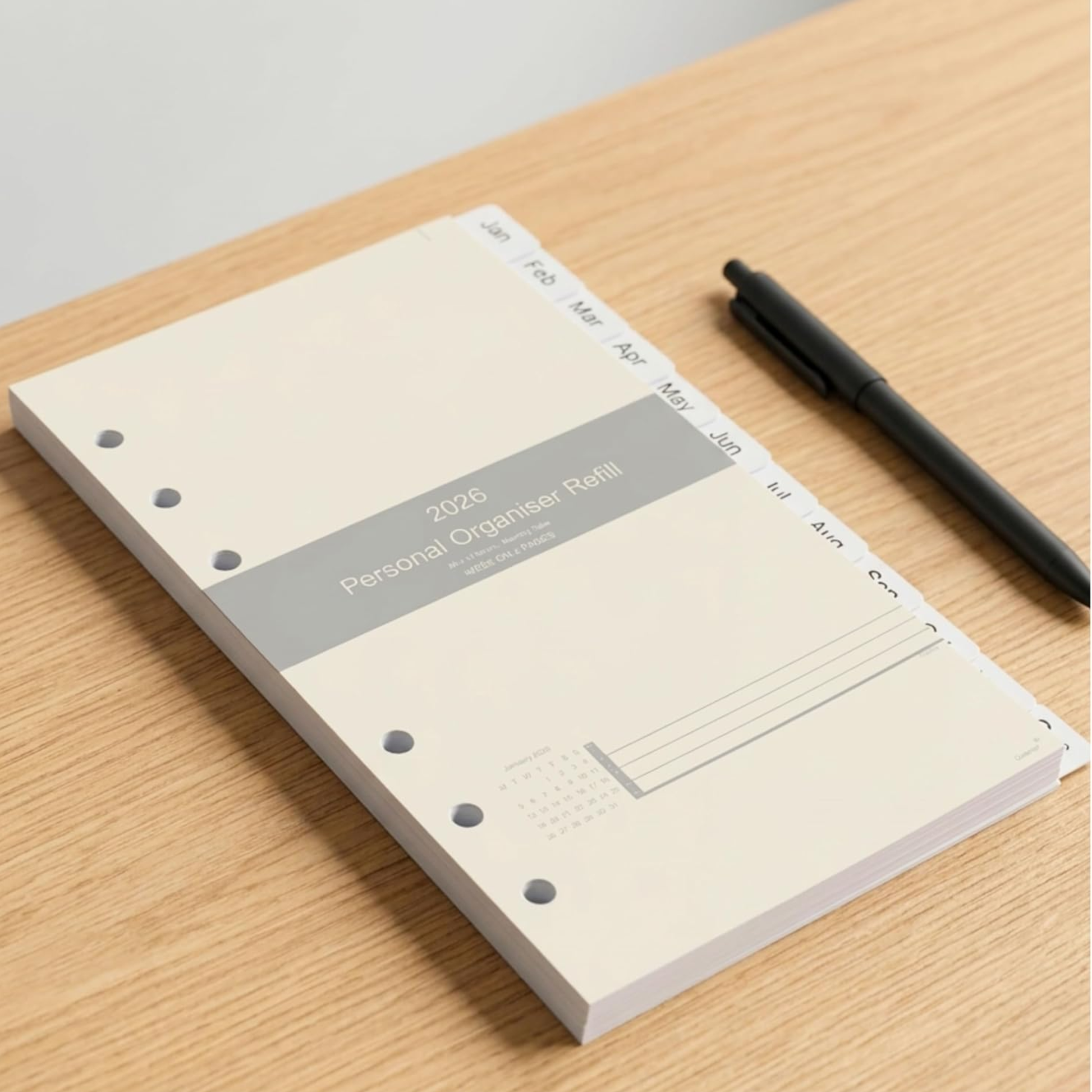 2026  personal organizer refill on a wooden surface with a pen