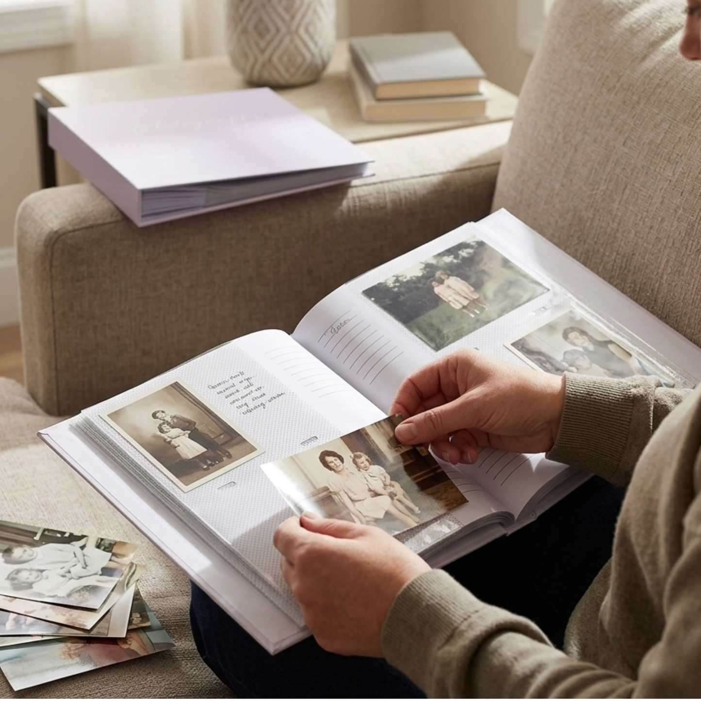 SHOWING PHOTO ALBUM BEING USED