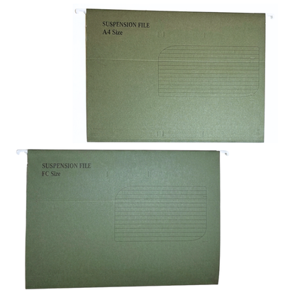 Two green hanging file folders shown on a white background, one labeled A4 Size and the other FC Size, both with printed text reading SUSPENSION FILE and a lined writing area.