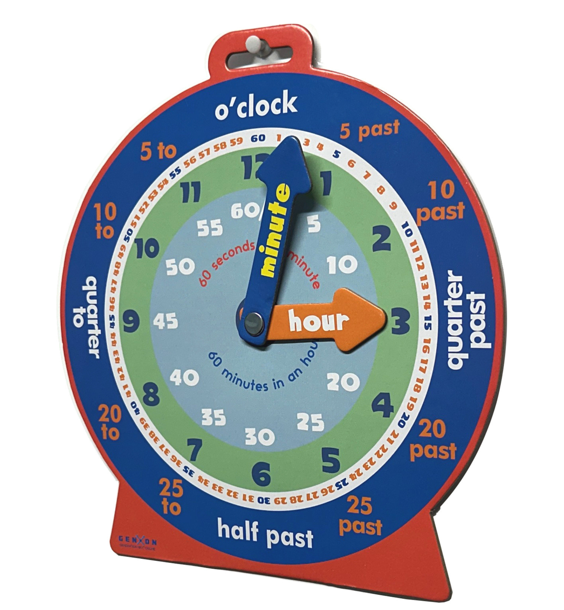 COLOURFUL TEACHING TIME CLOCK WITH MOVABLE HANDS, LERAN TO READ TIME
