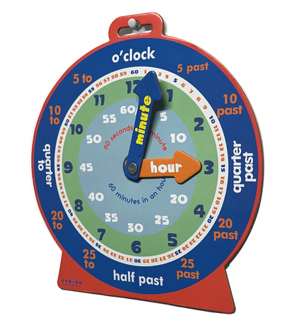 COLOURFUL TEACHING TIME CLOCK WITH MOVABLE HANDS, LERAN TO READ TIME