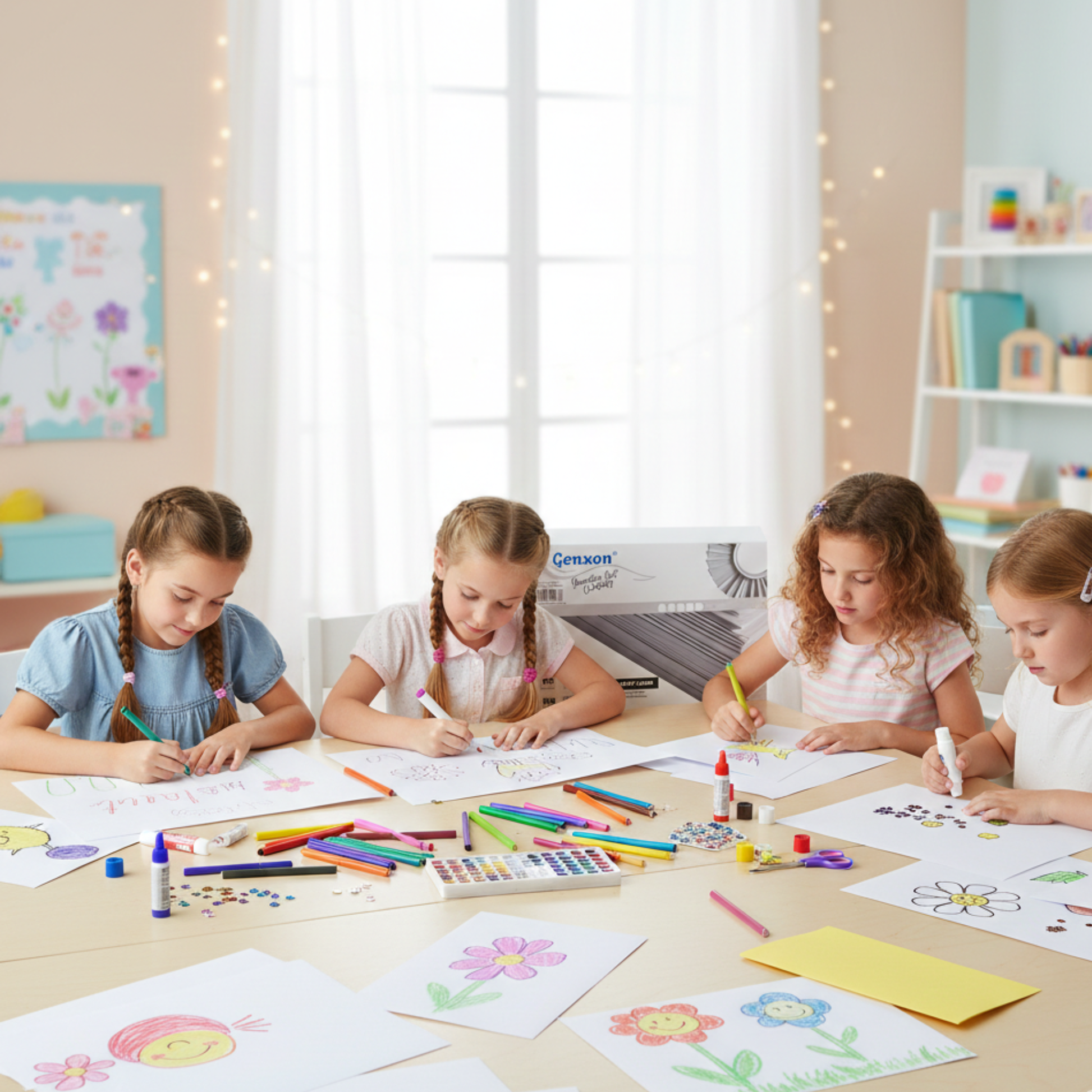 Four children sitting at a table with art supplies, drawing on paper.