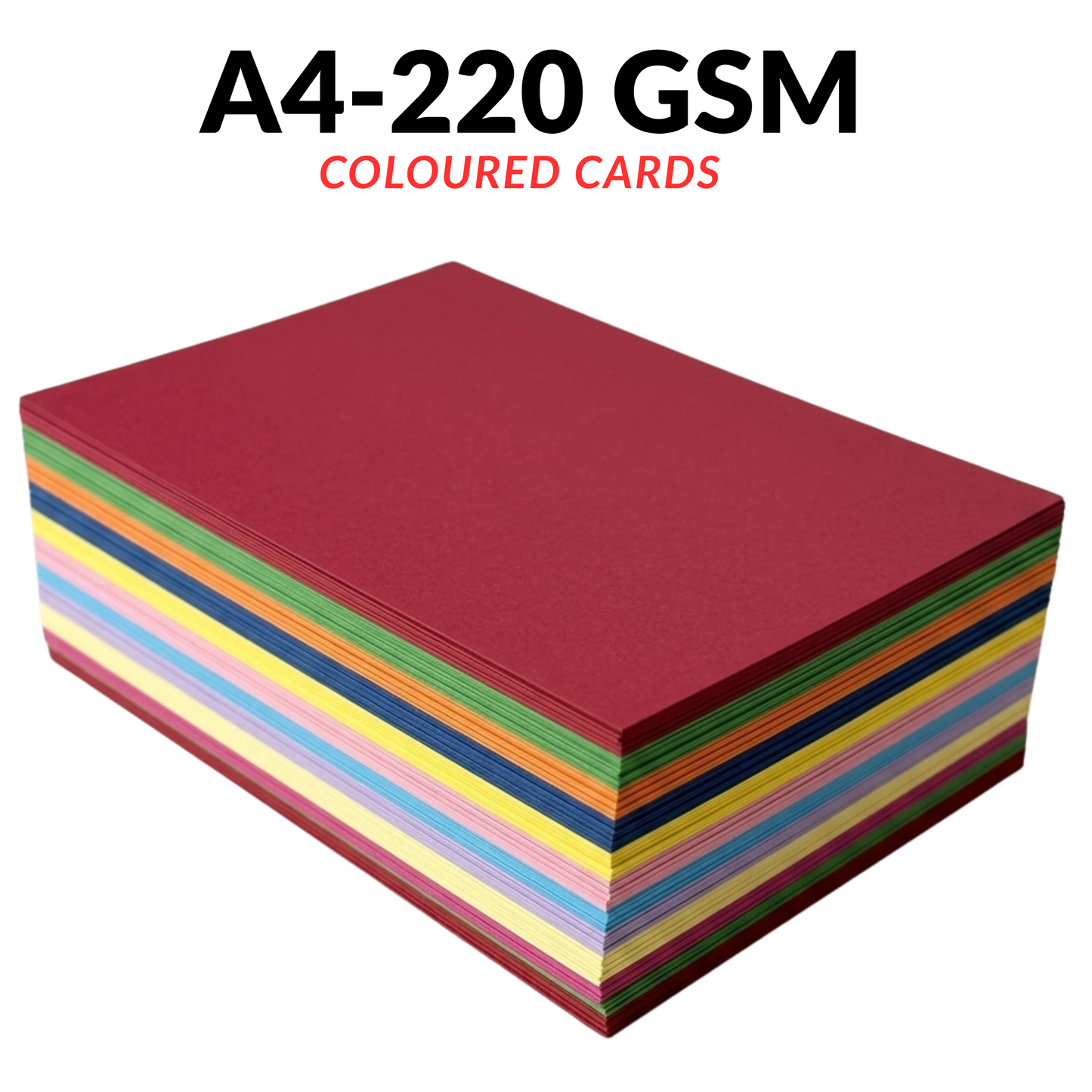 Stack of A4 colored cards with 220 GSM weight on a white background