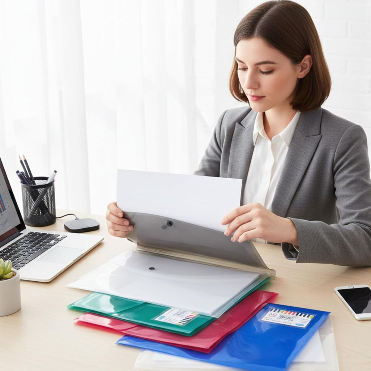A woman in a gray blazer and white shirt sits at a desk holding a gray document folder with a white sheet of paper. Several colorful plastic document folders in green, pink, red, and blue are stacked on the desk beside a laptop, mouse, and smartphone.