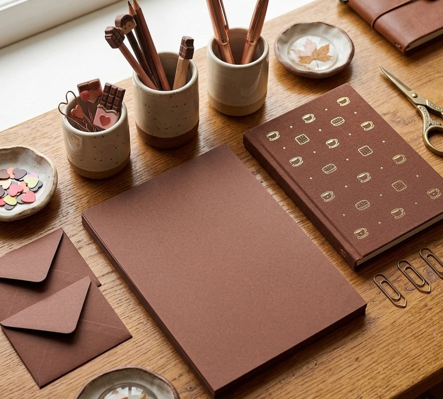 Brown stationery items including notebooks, envelopes, and writing utensils on a wooden surface.