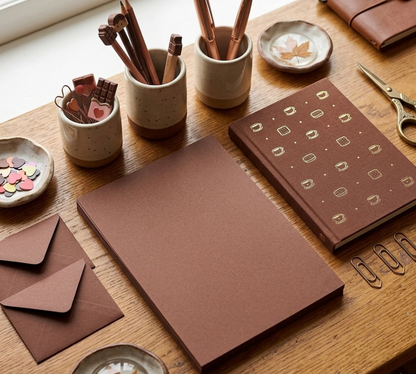 Brown stationery items including notebooks, envelopes, and writing utensils on a wooden surface.