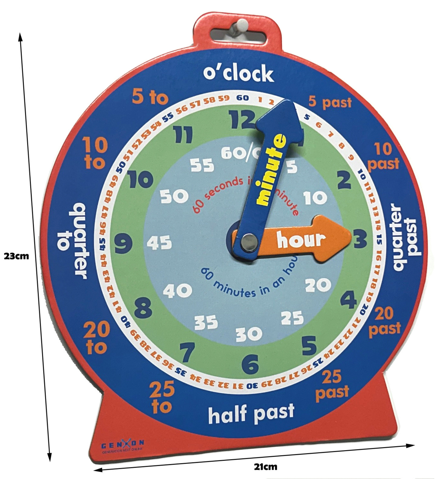 Educational clock toy with colorful design and measurements on a white background