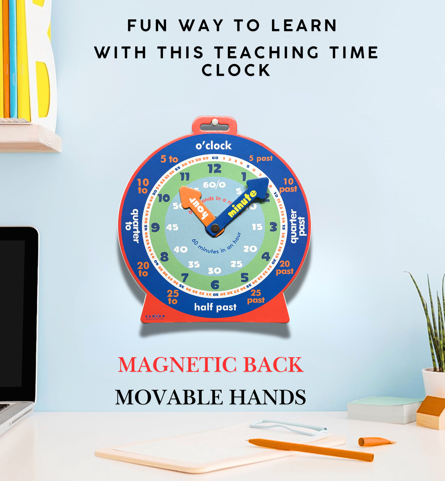 Colorful teaching time clock with movable hands on a light blue wall.