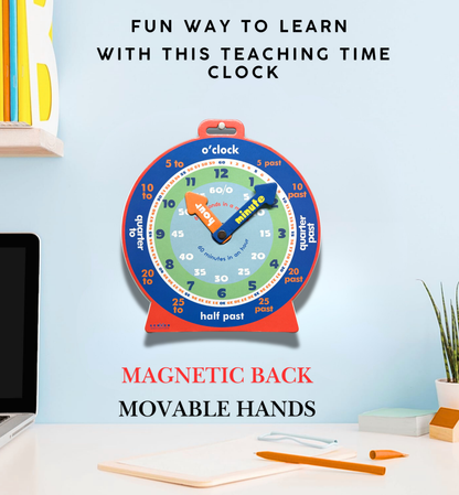 Colorful teaching time clock with movable hands on a light blue wall.