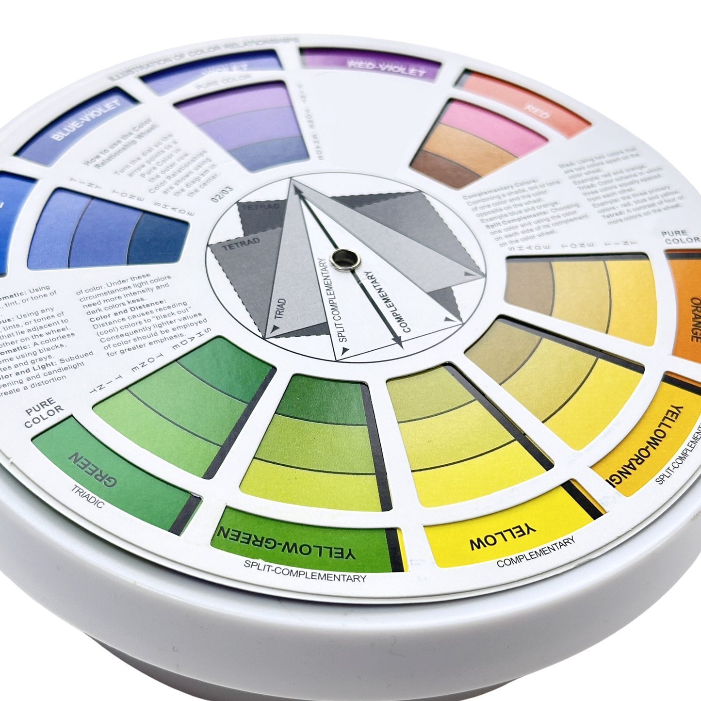 Color wheel with color theory explanations on a white background