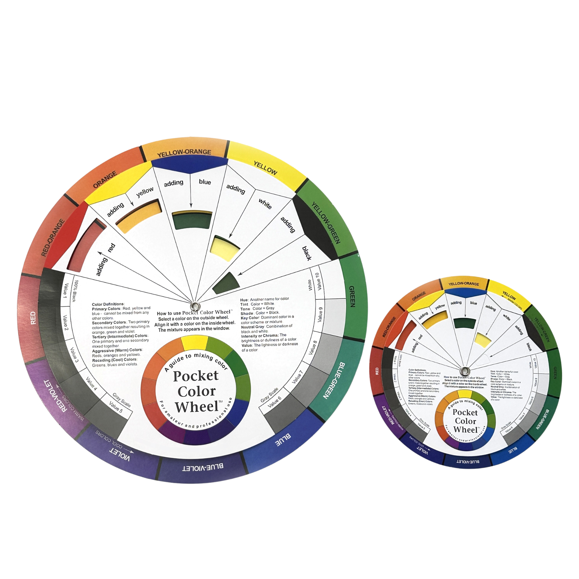 Two pocket colour wheels on a white background, large & small size comparison