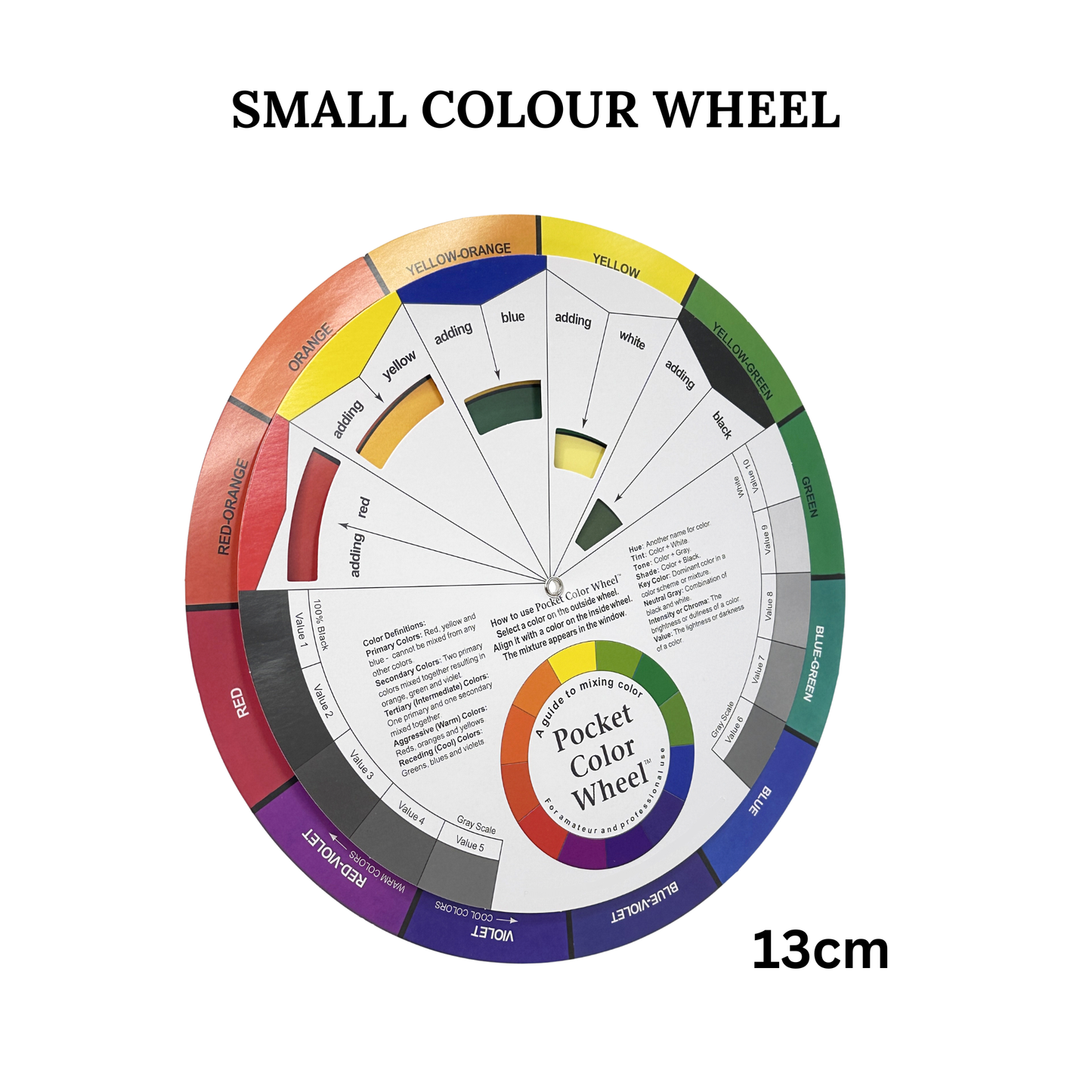 Small color wheel with color names and mixing information on a white background