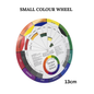 Small color wheel with color names and mixing information on a white background