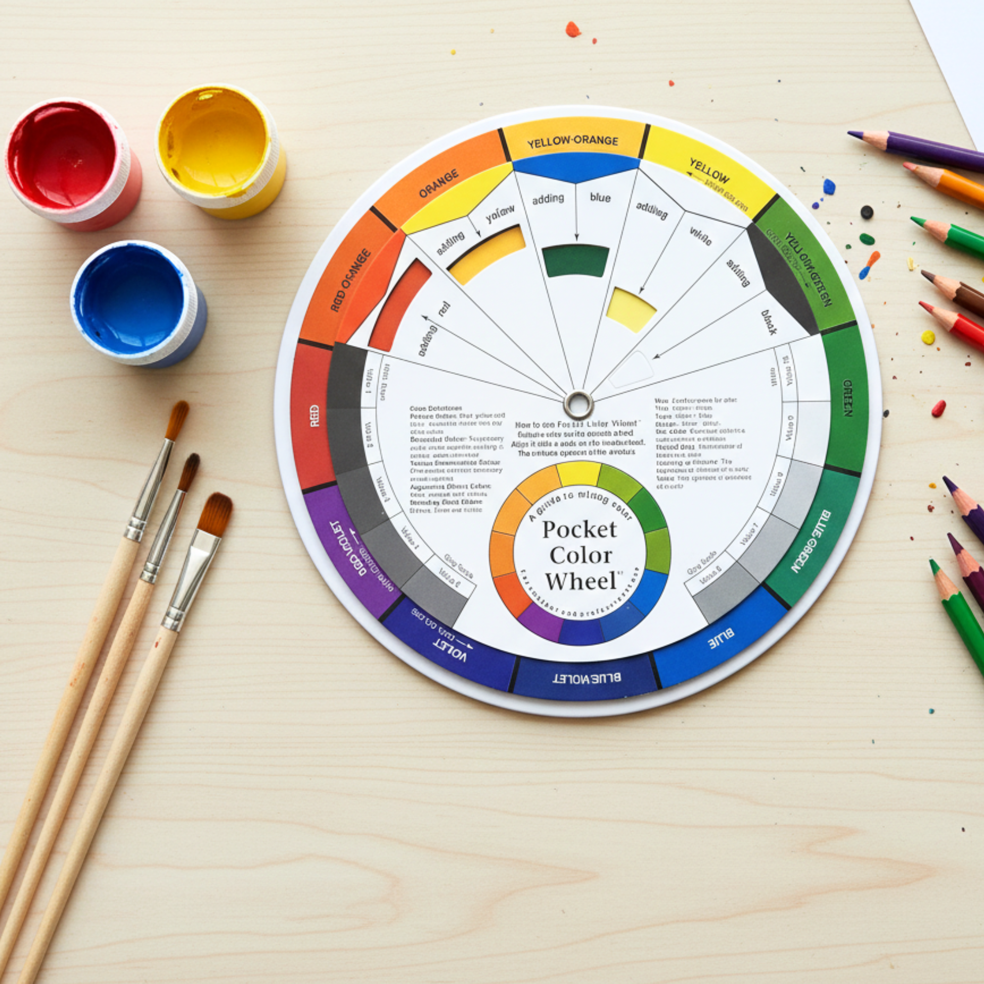 Color wheel with paint containers and brushes on a wooden surface