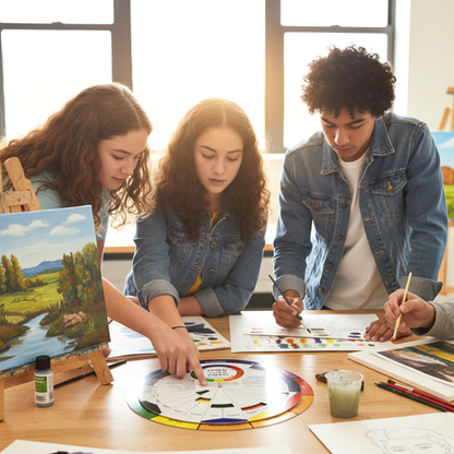 Three people engaged in an art activity at a table with paint supplies.