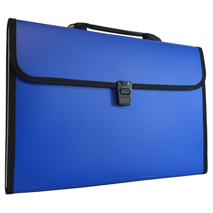A blue textured document pouch or briefcase with black trim, a black handle, and a black plastic clasp on a white background.