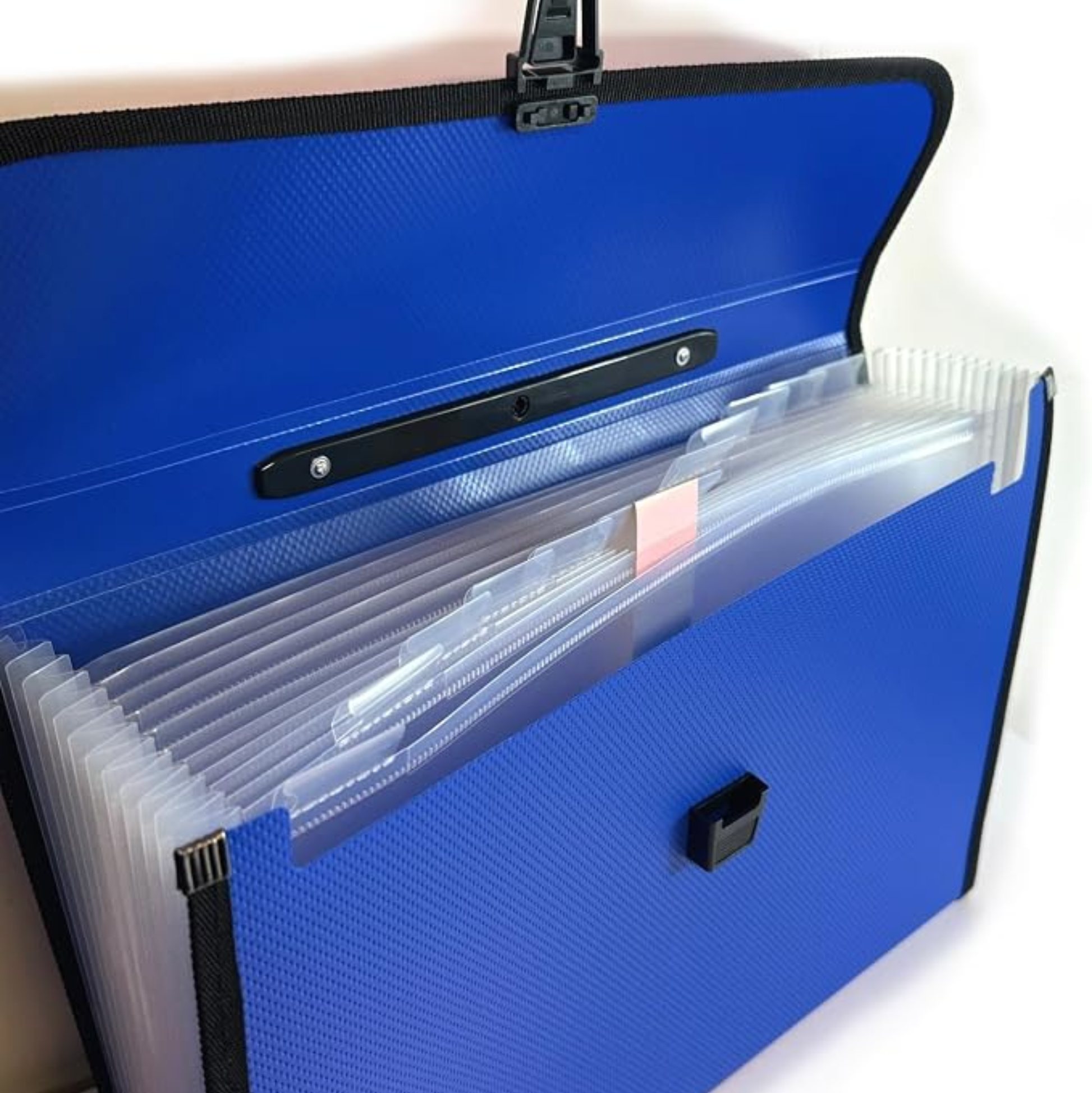 A blue textured file organizer bag with clear plastic divider sleeves and black trim, shown open with folders inside against a plain light background.