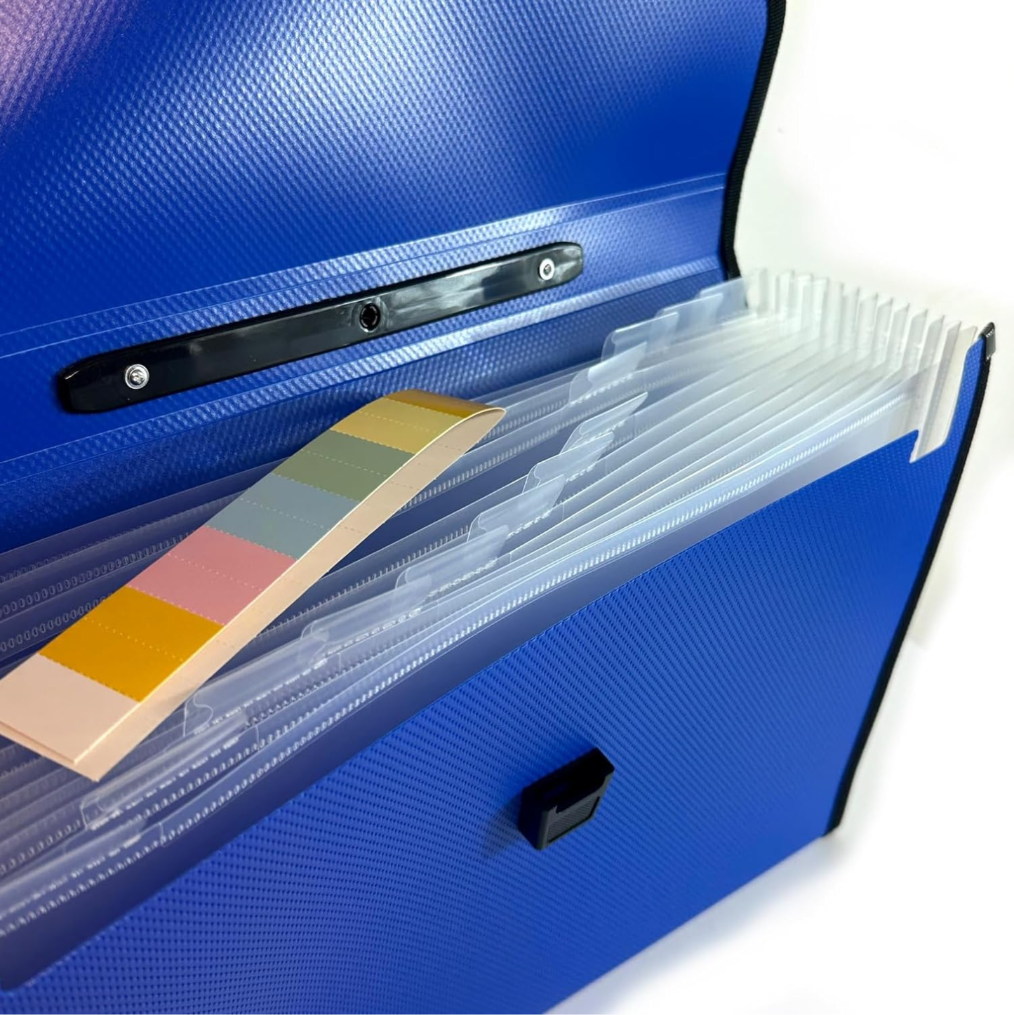 A blue textured file organizer with clear plastic divider sheets and a small multicolor card, shown open against a white background.